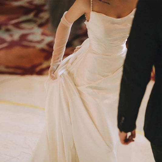 Faux Pearl Strap Cowl Neck Plain Trained Open Back Satin A-Line Wedding Gown