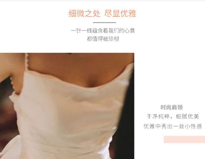 Faux Pearl Strap Cowl Neck Plain Trained Open Back Satin A-Line Wedding Gown
