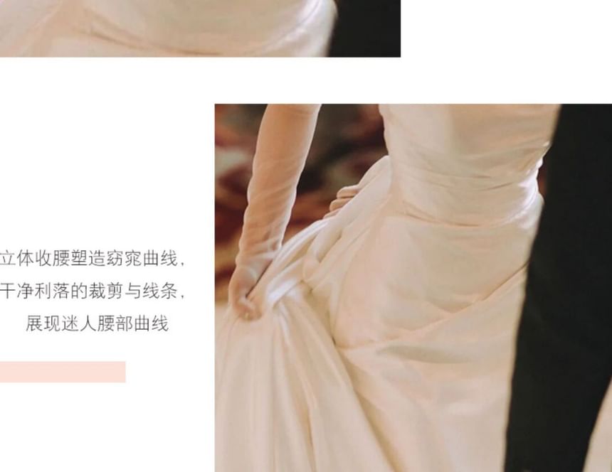 Faux Pearl Strap Cowl Neck Plain Trained Open Back Satin A-Line Wedding Gown