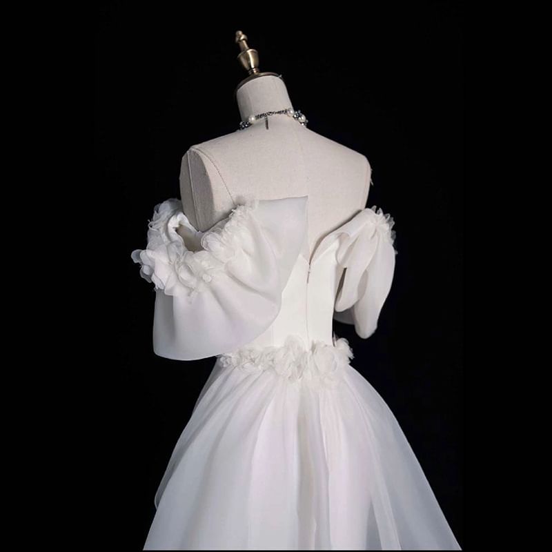 Floral Trim Gown Wedding Satin Trained Accent Plain Off-Shoulder Ruffle Mermaid