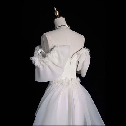 Floral Trim Gown Wedding Satin Trained Accent Plain Off-Shoulder Ruffle Mermaid