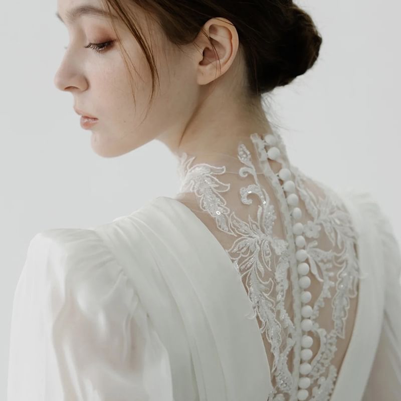 Long-Sleeve Mock Neck Plain Lace Panel Sequin Ruched A-Line Wedding Gown
