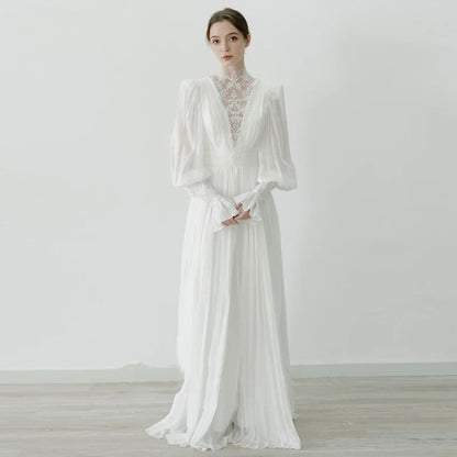 Long-Sleeve Mock Neck Plain Lace Panel Sequin Ruched A-Line Wedding Gown