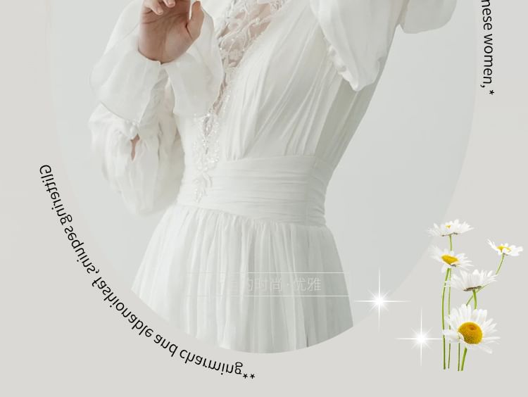 Long-Sleeve Mock Neck Plain Lace Panel Sequin Ruched A-Line Wedding Gown