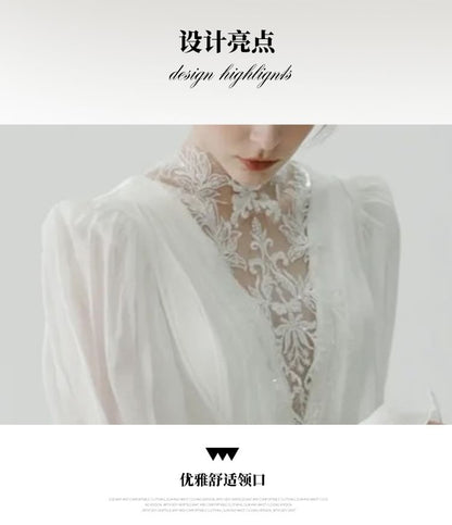 Long-Sleeve Mock Neck Plain Lace Panel Sequin Ruched A-Line Wedding Gown