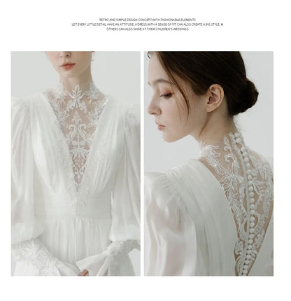 Wedding Sequin Ruched Lace A-Line Long-Sleeve Mock Gown Plain Neck Panel