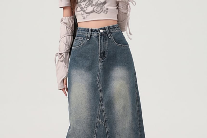 Washed Frayed Slit Maxi Denim A-Line Skirt