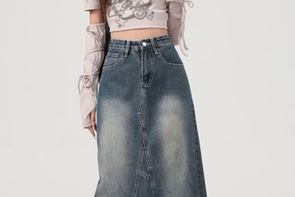 Washed Frayed Slit Maxi Denim A-Line Skirt