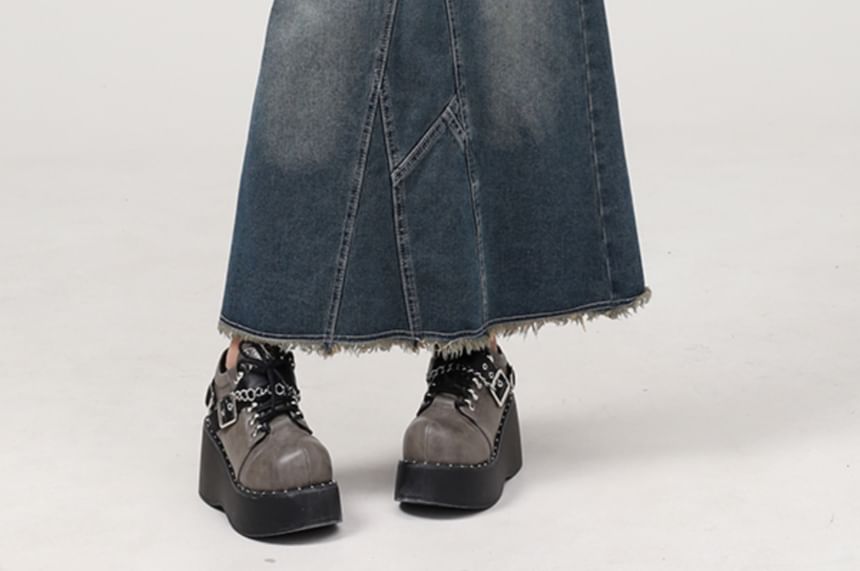 Washed Frayed Slit Maxi Denim A-Line Skirt