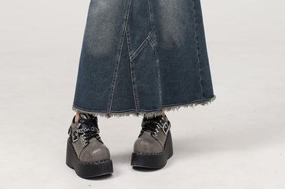 Washed Frayed Slit Maxi Denim A-Line Skirt