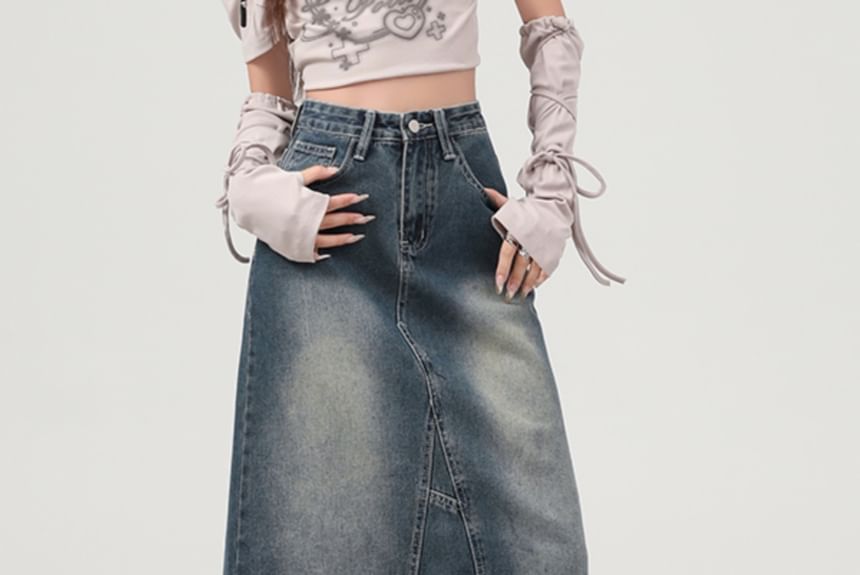 Washed Frayed Slit Maxi Denim A-Line Skirt