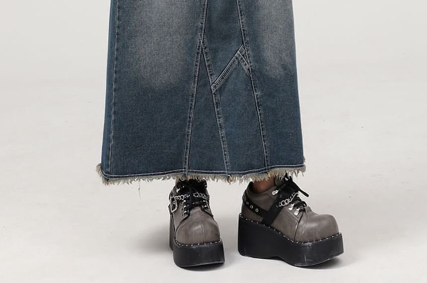 Washed Frayed Slit Maxi Denim A-Line Skirt