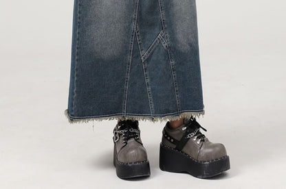 Washed Frayed Slit Maxi Denim A-Line Skirt