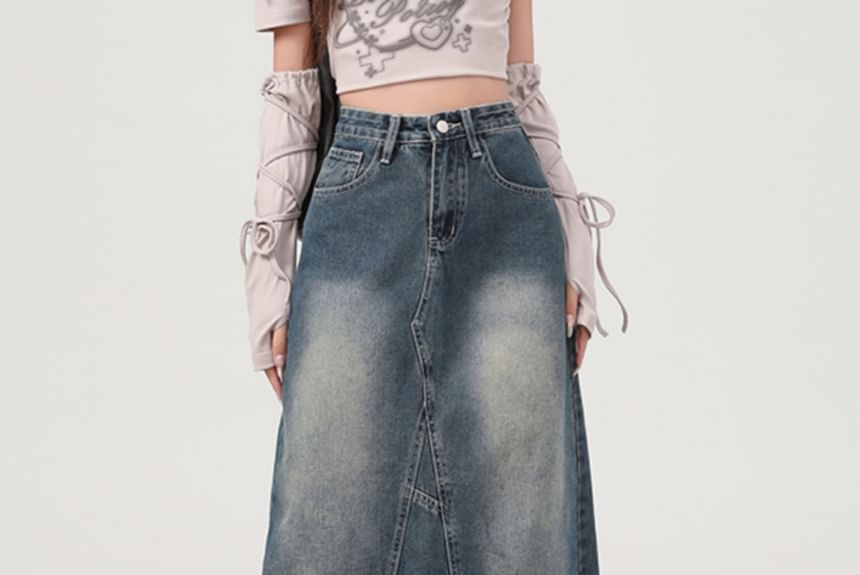 Washed Frayed Slit Maxi Denim A-Line Skirt