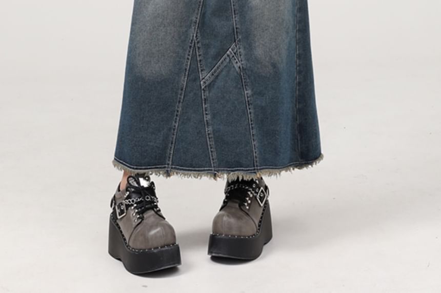Washed Frayed Slit Maxi Denim A-Line Skirt