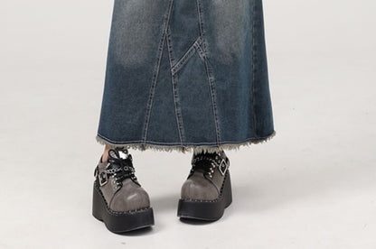 Washed Frayed Slit Maxi Denim A-Line Skirt