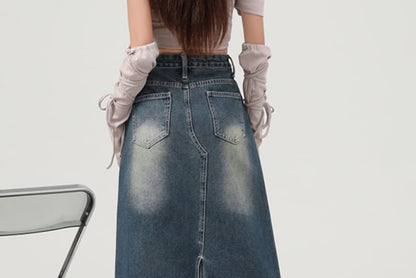 Washed Frayed Slit Maxi Denim A-Line Skirt