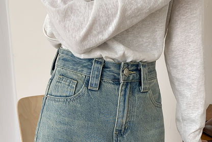 Washed Frayed Denim Mini A-Line Skirt