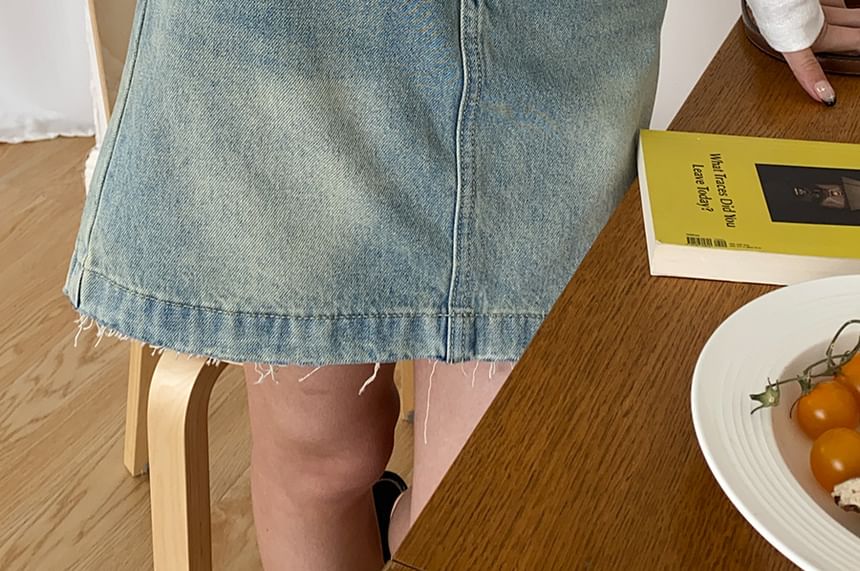 Washed Frayed Denim Mini A-Line Skirt