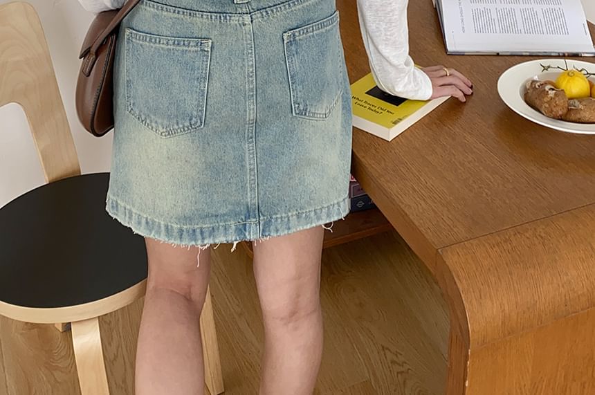 Washed Frayed Denim Mini A-Line Skirt