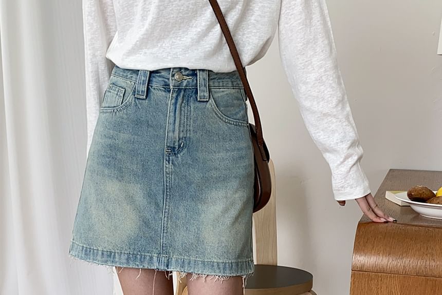 Washed Frayed Denim Mini A-Line Skirt
