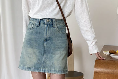 Washed Frayed Denim Mini A-Line Skirt