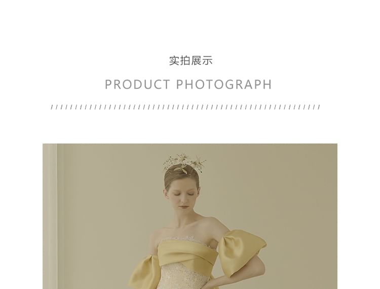 Evening Sheath Sleeves Bow Strapless Trained Arm Back Lace + Gown Set: