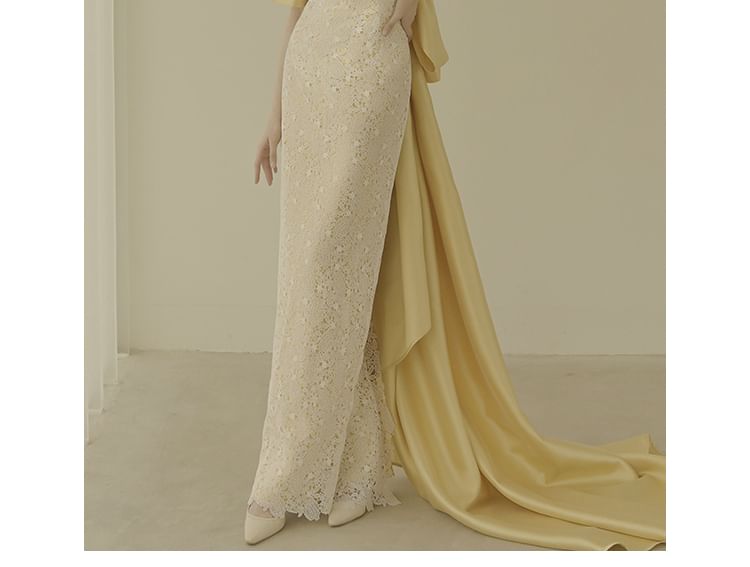 Evening Sheath Sleeves Bow Strapless Trained Arm Back Lace + Gown Set: