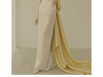 Evening Sheath Sleeves Bow Strapless Trained Arm Back Lace + Gown Set: