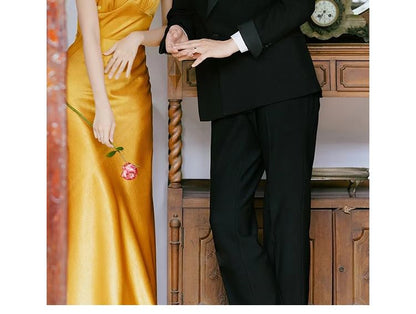 Cap-Sleeve Mock Neck Plain Embellished Open Back Mermaid Evening Gown