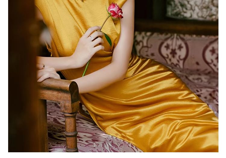 Cap-Sleeve Mock Neck Plain Embellished Open Back Mermaid Evening Gown