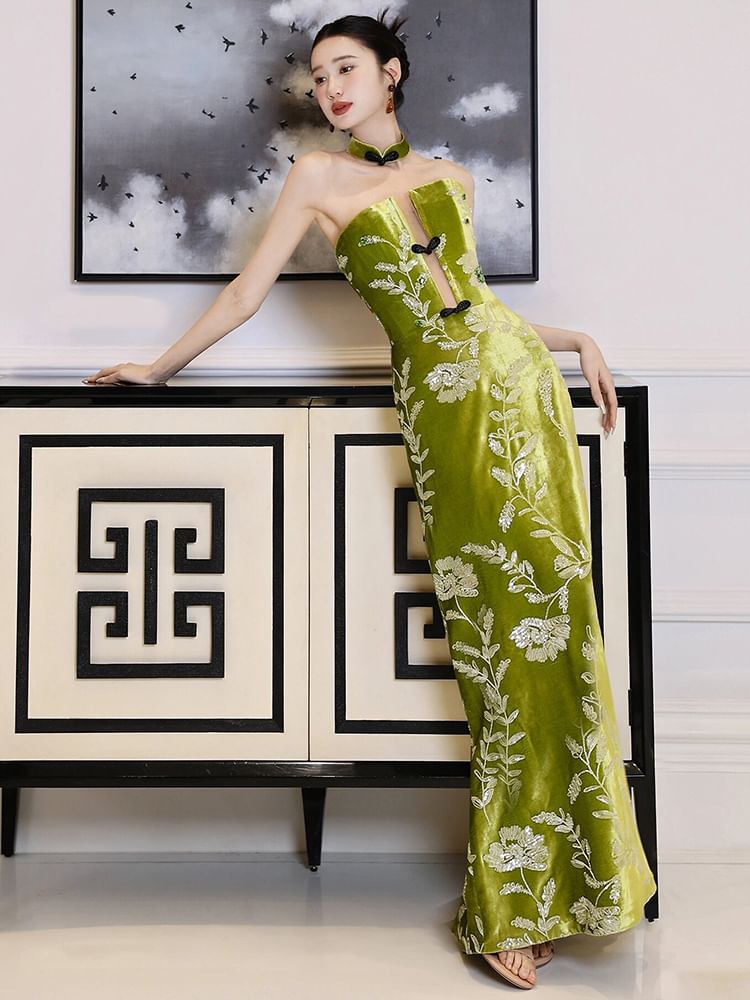 Floral Strapless Embroidered A-Line Gown Evening