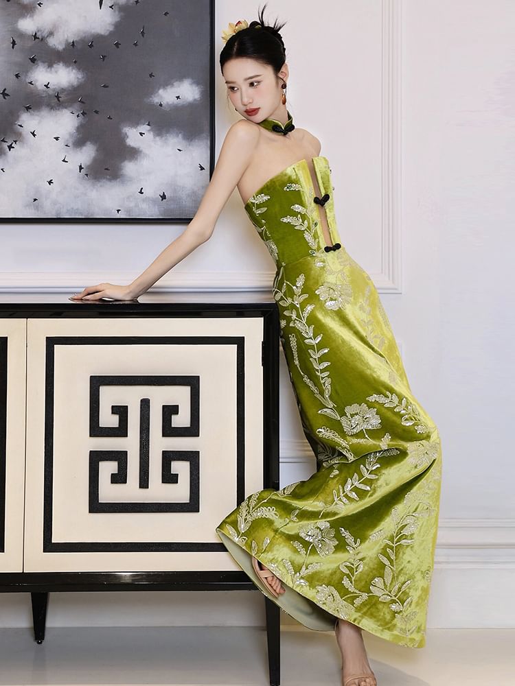 Floral Strapless Embroidered A-Line Gown Evening