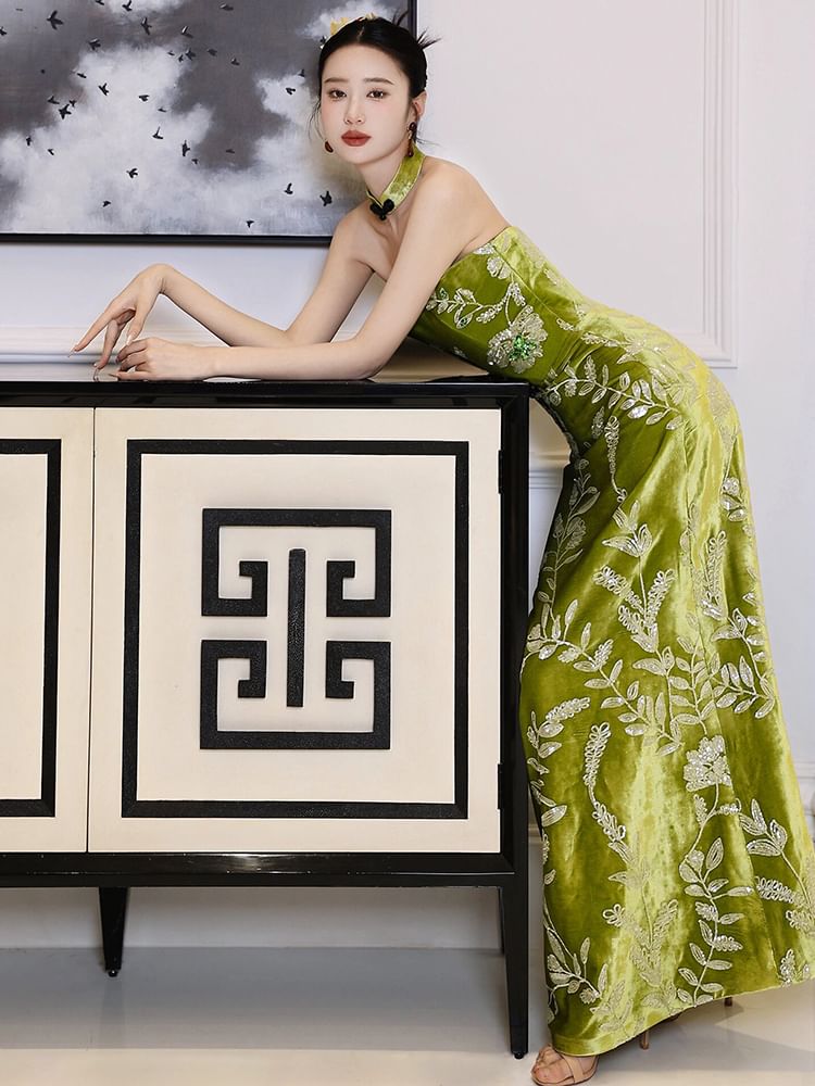 Floral Strapless Embroidered A-Line Gown Evening