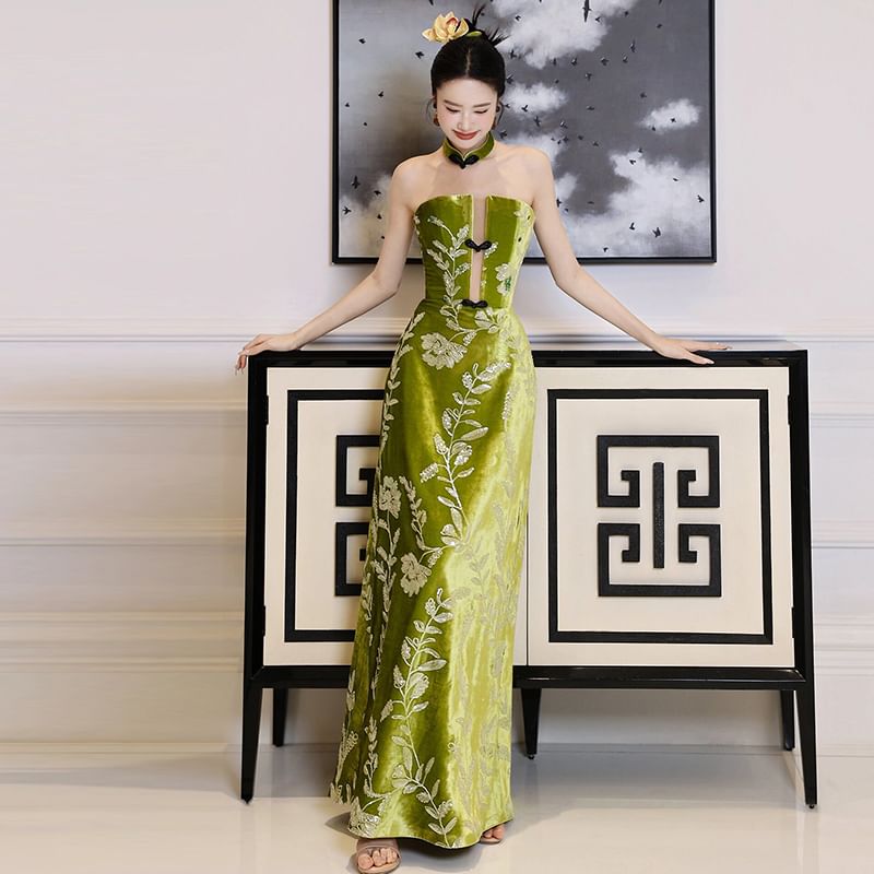 Floral Strapless Embroidered A-Line Gown Evening