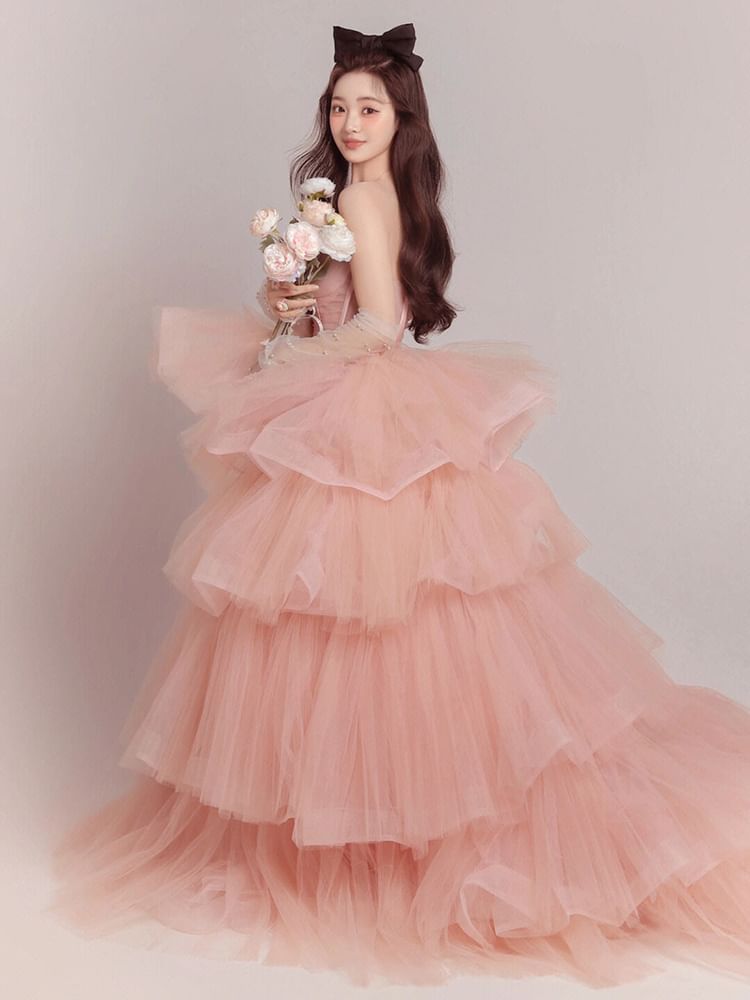 Gown Tulle Evening Strapless Tiered Ball