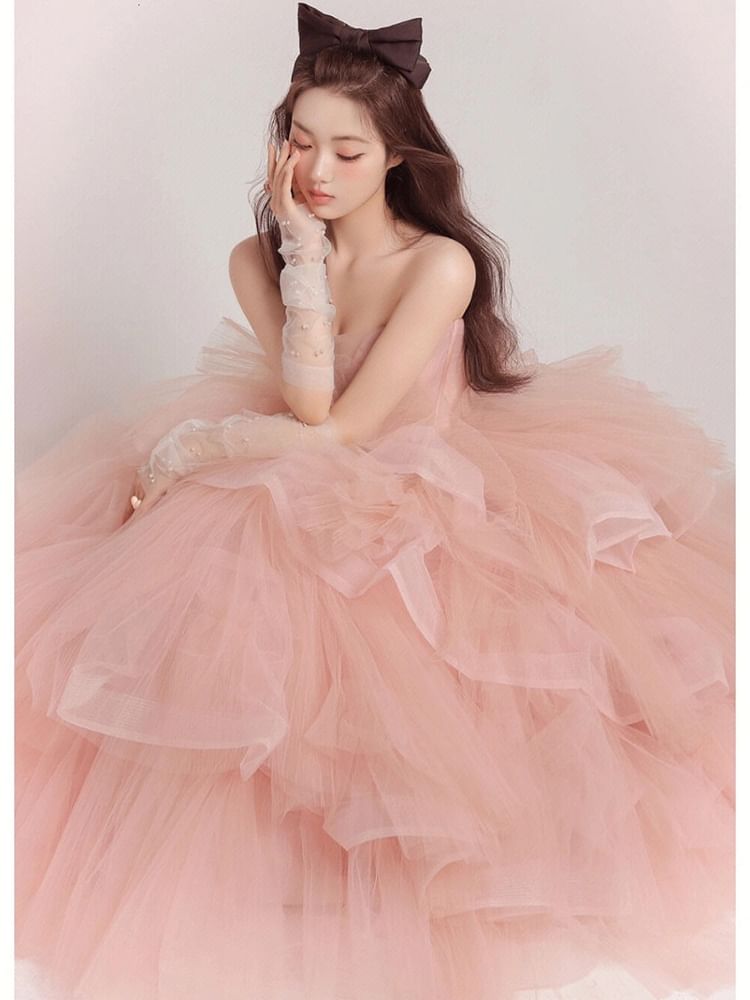 Gown Tulle Evening Strapless Tiered Ball