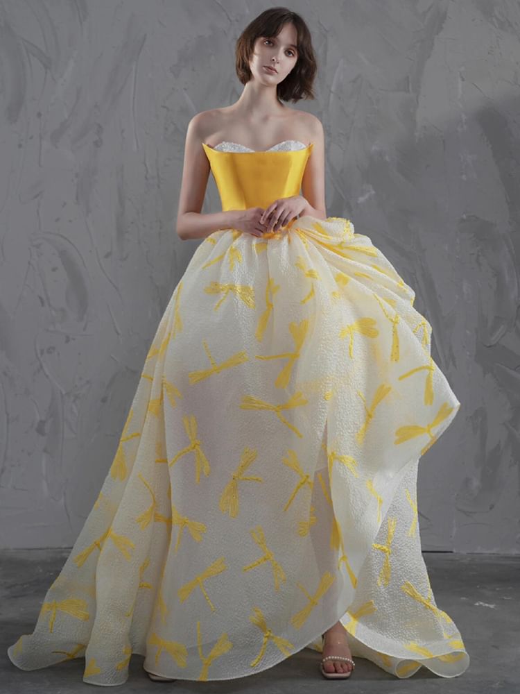 Evening A-Line Gown Print Strapless Floral