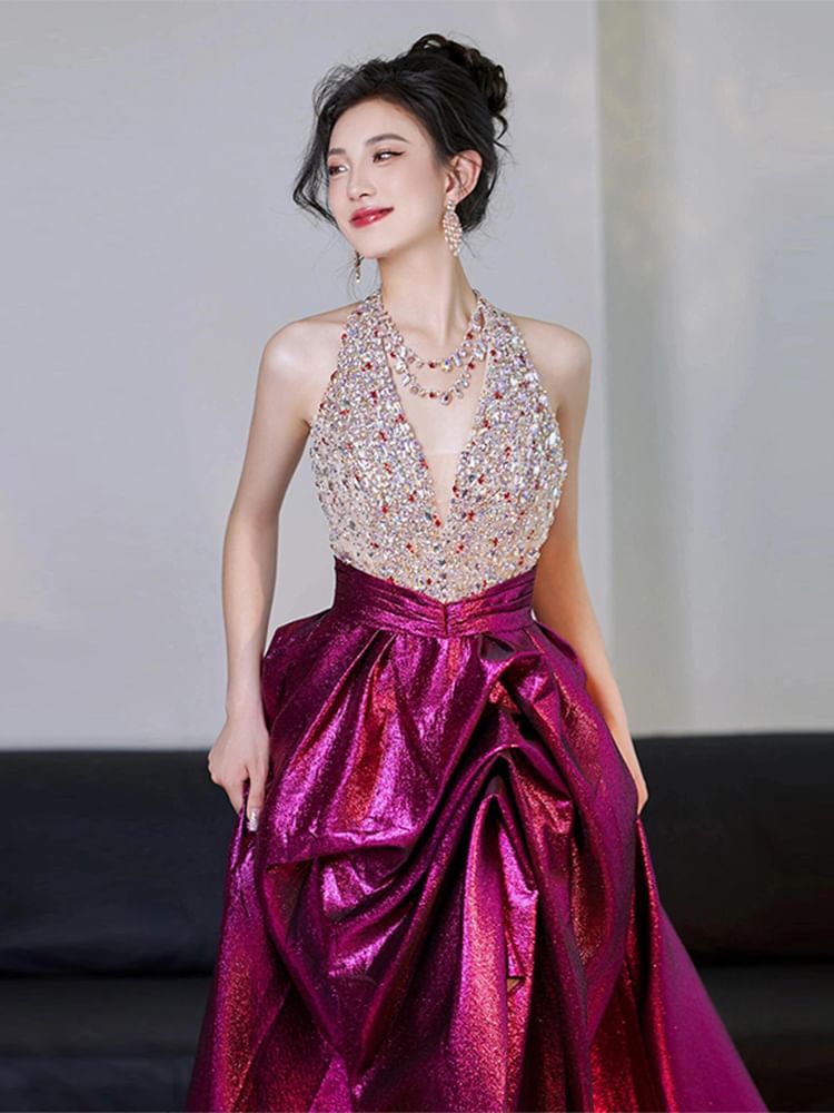 Sleeveless A-Line Sequined Gown V-Neck Evening