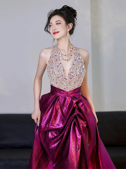 Sleeveless A-Line Sequined Gown V-Neck Evening