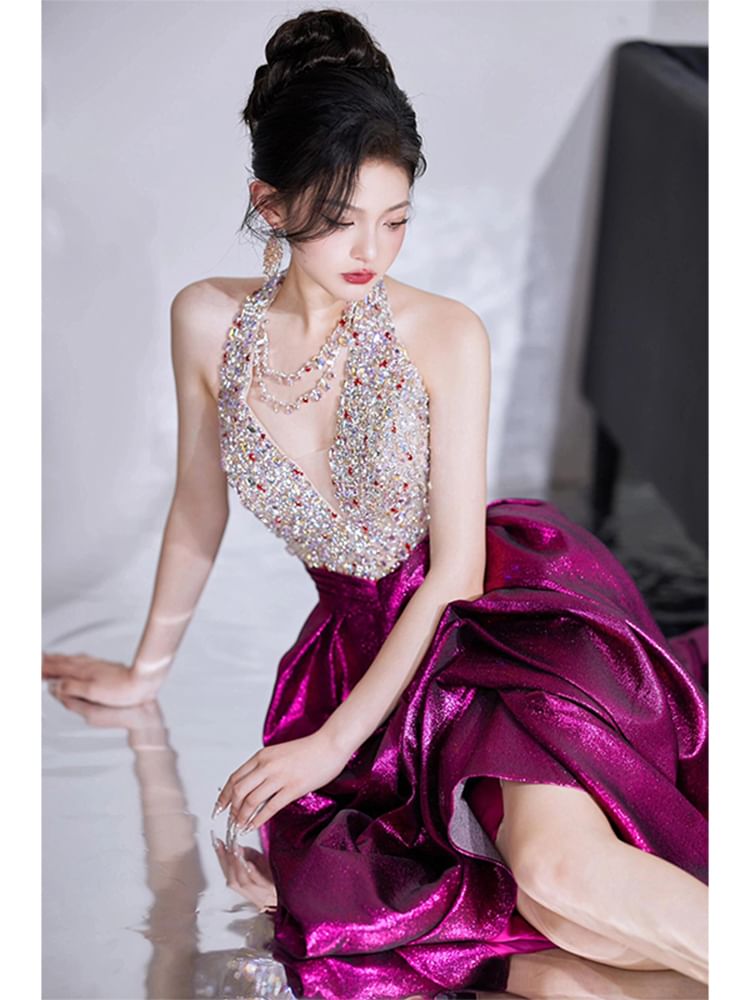 Sleeveless A-Line Sequined Gown V-Neck Evening