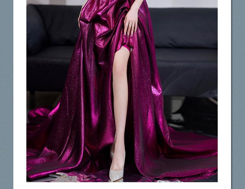 Sleeveless A-Line Sequined Gown V-Neck Evening