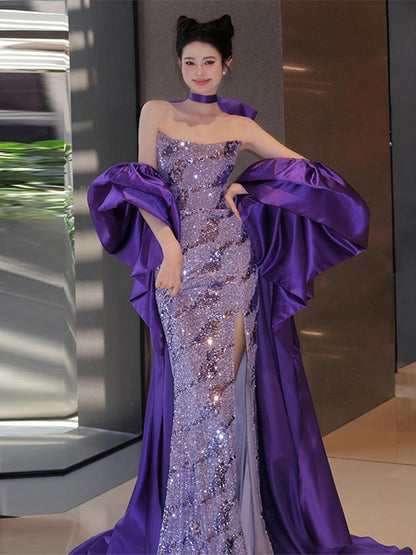 Strapless Sequin Slit Sheath Evening Gown