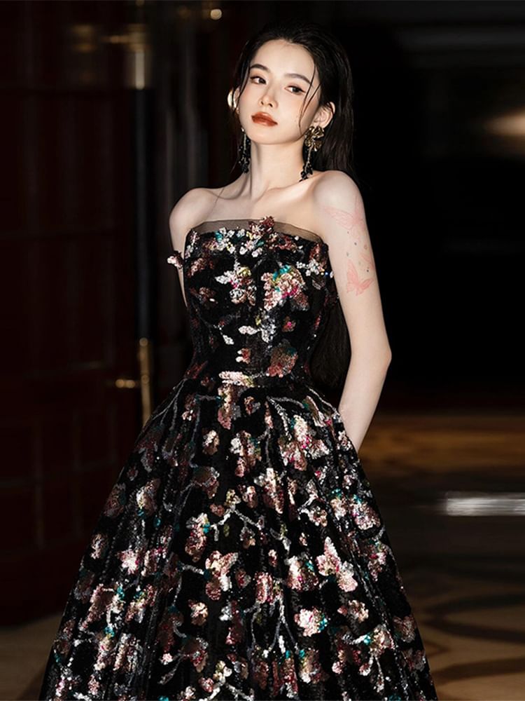 Evening A-Line Strapless Gown Floral