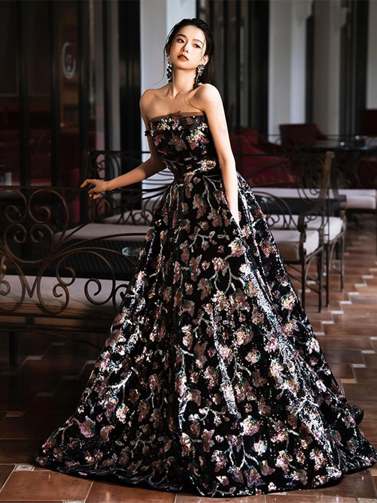 Evening A-Line Strapless Gown Floral
