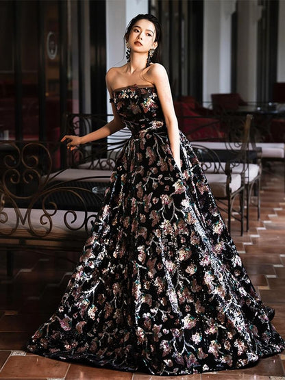Evening A-Line Strapless Gown Floral