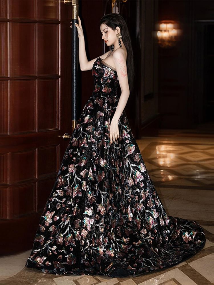 Evening A-Line Strapless Gown Floral