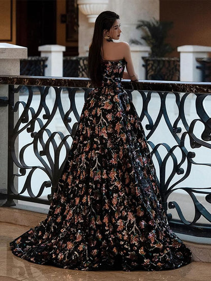 Evening A-Line Strapless Gown Floral