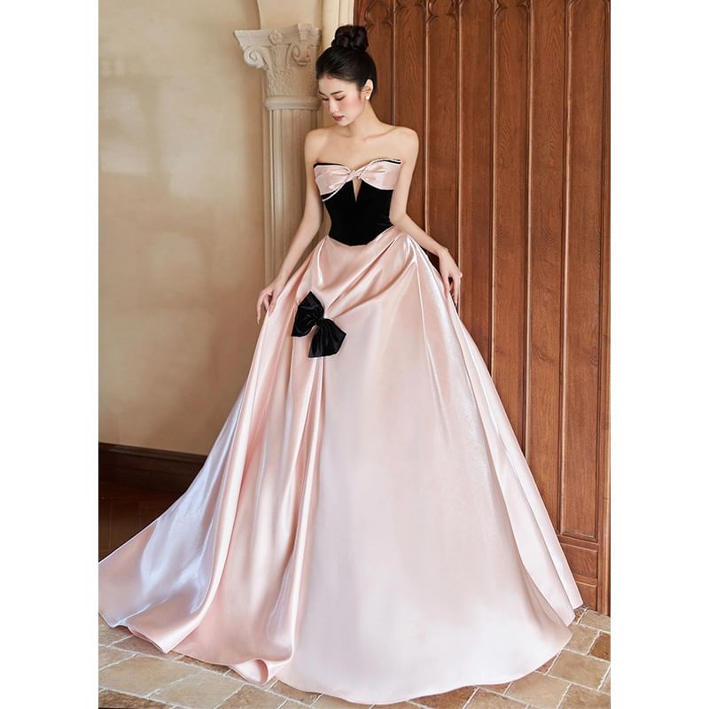 Strapless Bow Two Tone A-Line Evening Dress