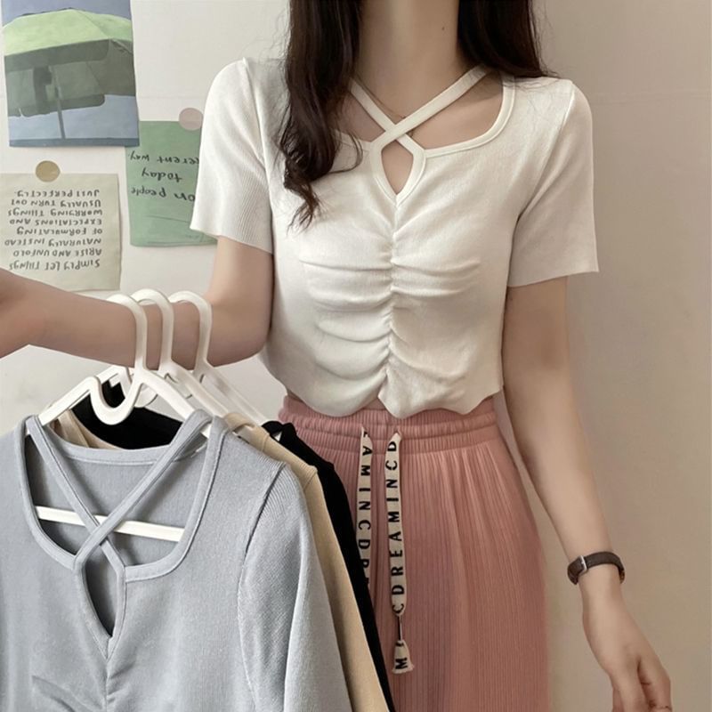 Short-Sleeve Notch Neck Plain Criss Cross Ruched Knit Top